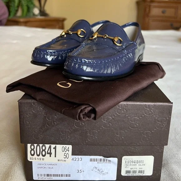 Gucci | Shoes | Gucci Navy Patent Leather Loafers With Gold  display picture 1